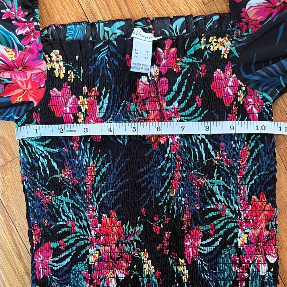 Revamped Floral Off-Shoulder Smocked Crop Top - Black, Pink, Teal - Picture 4 of 4